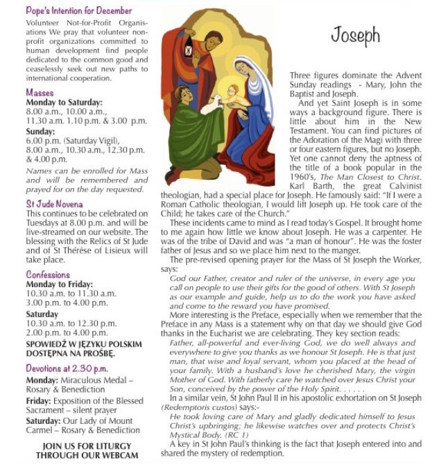 an image of a church newsletter detailing Sunday mass readings and announcements