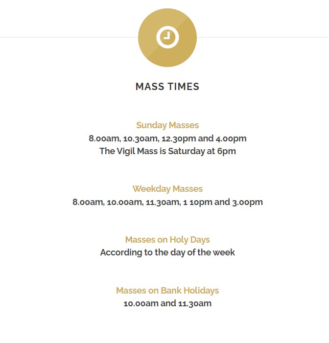 a white and orange coloured image depicting mass times in church